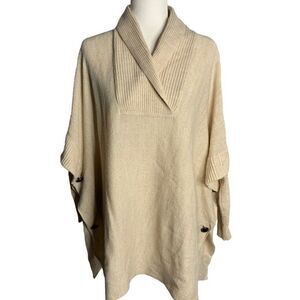 Aqua Brand Pullover Long Sleeve Poncho Sweater S Beige Cable Knit Buttons